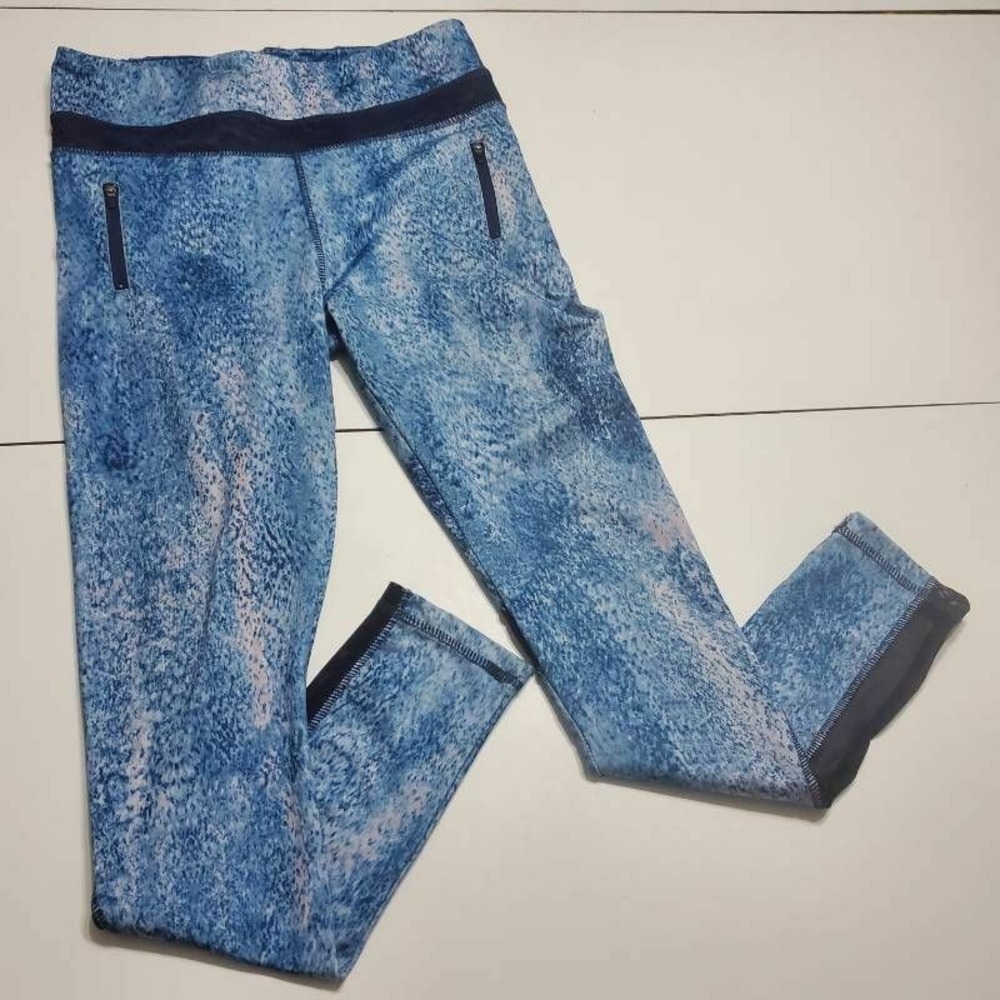 Therapy Womens Activewear Leggings Blue Stretch Tie Dye Zipper Mesh Pull On L